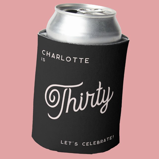 Porta-lata Moderno 30 30 Aniversários - Preto Rosa (30th thirtieth birthday personalized custom name and text black and blush pink can cooler)