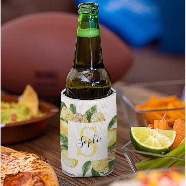 Porta-lata Moldura de limões amarelos modernos e folhas com n (Criador carregado)