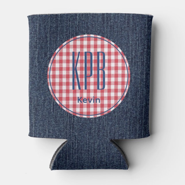 Porta-lata Monogram Name Dark Blue Denim Print Gingham Check (Frente)