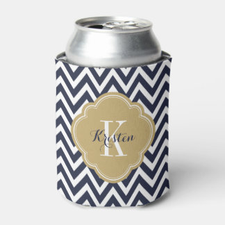 Porta-lata Monograma Azul e Dourado Chevron marinho