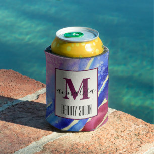 Porta-lata Monograma de Bela Cor-de-Rosa Azul abstrato