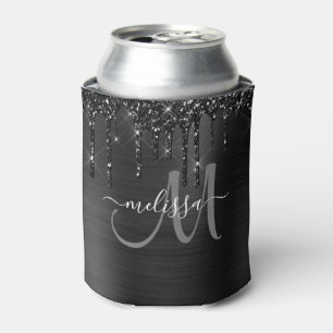 Porta-lata Monograma de brilho de metal esmagado preto chic
