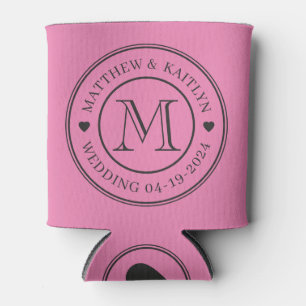 Porta-lata Monograma de Coração de Casamento Rosa e Preto