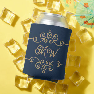 Porta-lata Monograma de Floreio Elegante Azul-Elegante Dourad