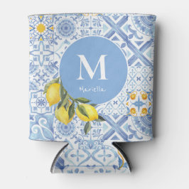 Porta-lata Monograma de fruta de limão, azulejo azul