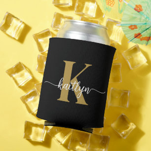 Porta-lata Monograma de Letra Cursiva em Preto e Dourado