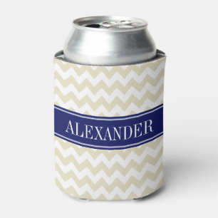 Porta-lata Monograma de Nome Bege Branco Chevron Azul-Marinho