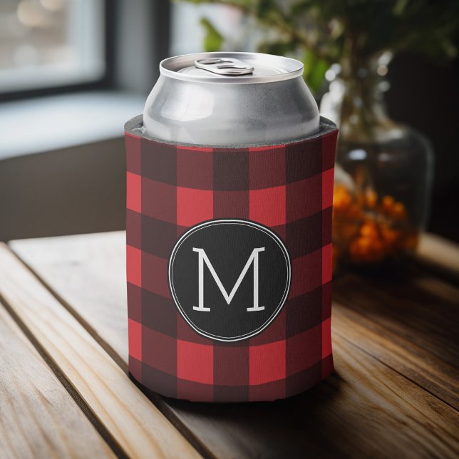 Porta-lata Monograma de Padrão de Xadrez de Buffalo Vermelho  (Personalized can cooler - buffalo plaid monogram)