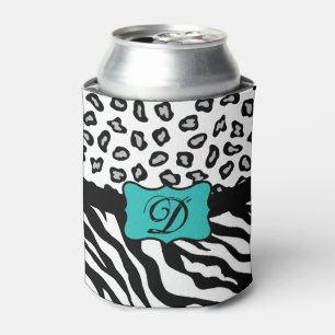 Porta-lata Monograma de Pele-Leopardo Zebra-Branca-Preta Turq