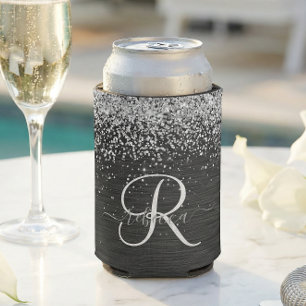 Porta-lata Monograma do Sparkle Preto com Glitter de Prata Pe