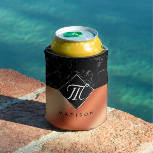 Porta-lata Monograma Elegante de Mármore Preto e Folha de Bro