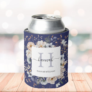 Porta-lata Monograma Elegante Flores Azuis Bege Floral Bonito
