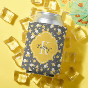 Porta-lata Monograma Floral Amarelo e Cinza