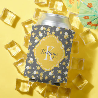 Porta-lata Monograma Floral Amarelo e Cinza