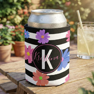 Porta-lata Monograma Floral de Listras Preto e Branco na Moda
