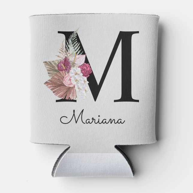 Porta-lata Monograma Inicial M Rosa Boho Floral (Frente)