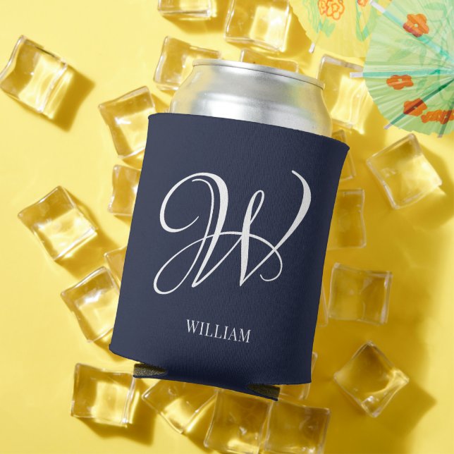 Porta-lata Monograma inicial personalizado de Marinho azul El (Verão in situ)