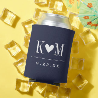 Porta-lata Monograma marinho Azul Moderno de Casamento
