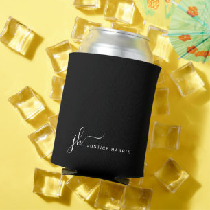 Porta-lata Monograma Moderno de Script Na moda Preto Personal