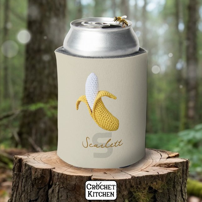 Porta-lata Monograma Moderno Mínimo Nome Crochet Banana (Criador carregado)