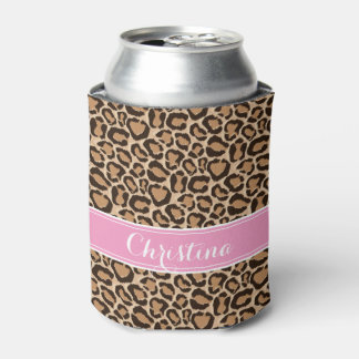 Porta-lata Monograma Personalizado de Impressão Rosa e Leopar