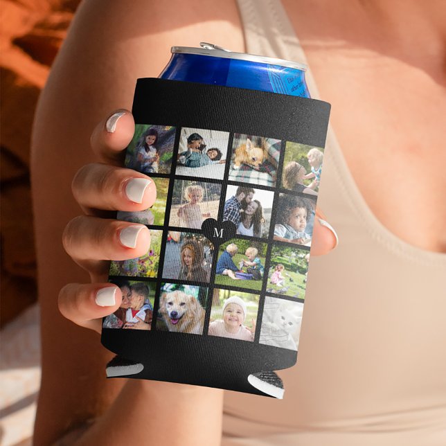 Porta-lata Monograma preto moderno 16 colagem fotográfica (Criador carregado)