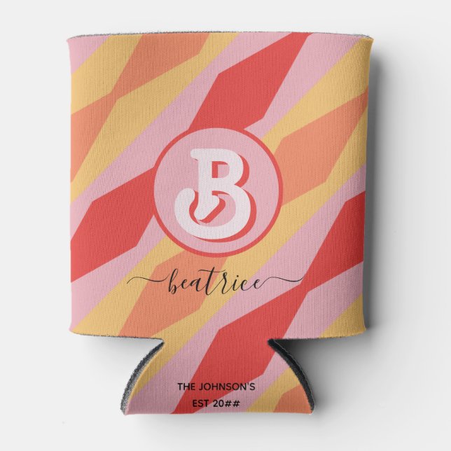 Porta-lata Monograma Retro Hippie 70s Pastel Geométrico Rosa (Frente)
