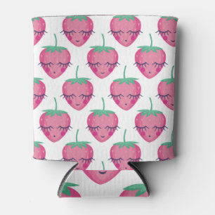 Porta-lata Morangos adormecidos sorrindo, padrão fofo.