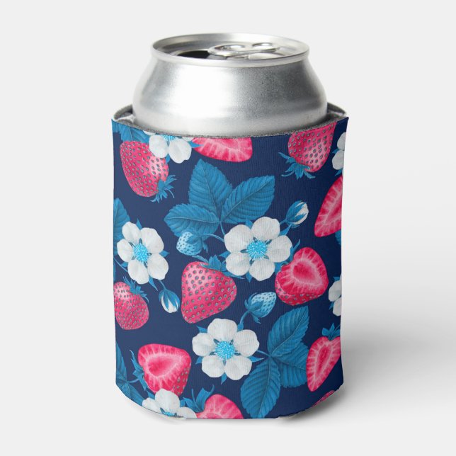 Porta-lata Morangos cor-de-rosa em azul (Can Front)