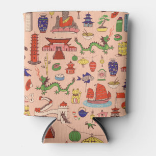 Porta-lata Motivos de Hong Kong desenhados à mão: padrão sem