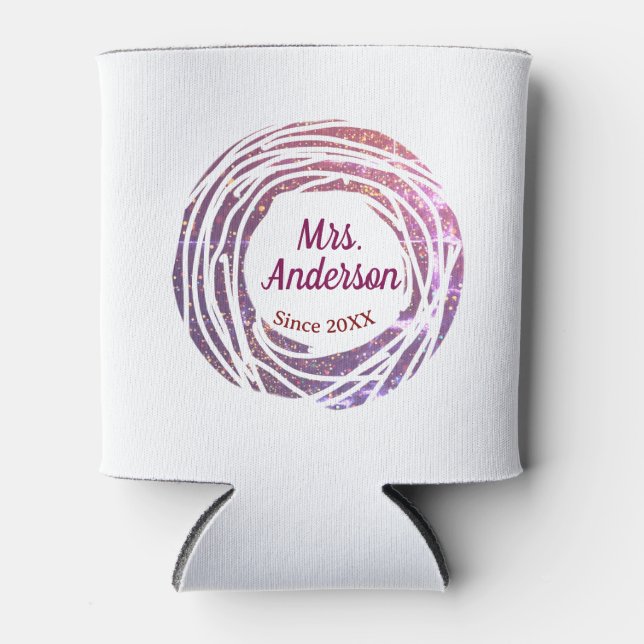 Porta-lata Mrs name pink mauve border since year wedding brid (Frente)