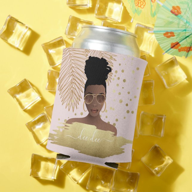 Porta-lata Mulher Negra, Dourada Sombras e Folhas de Palma, R (Verão in situ)