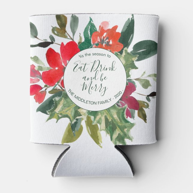 Porta-lata Natal Holly Wreath Floral Verde (Frente)