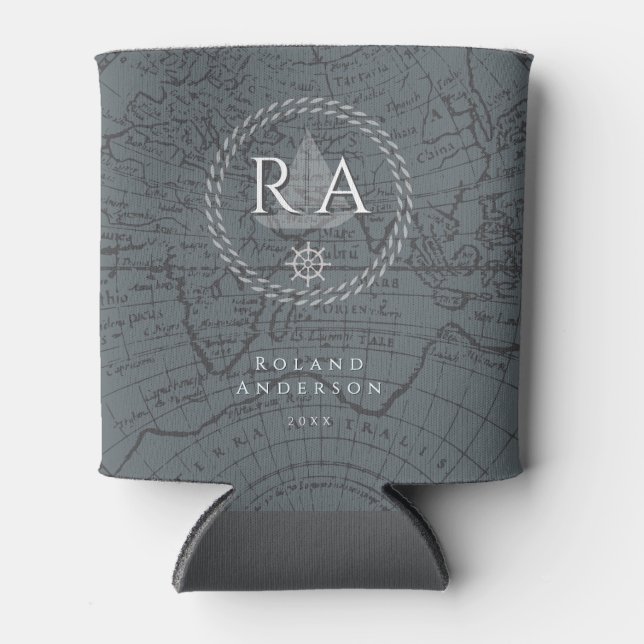 Porta-lata Nautical Rope Monogram Map Grey (Frente)