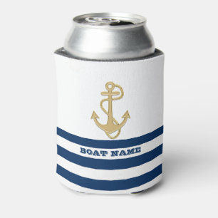 Porta-lata Náutico, Âncora Dourada Azul Marinho Listras Bran