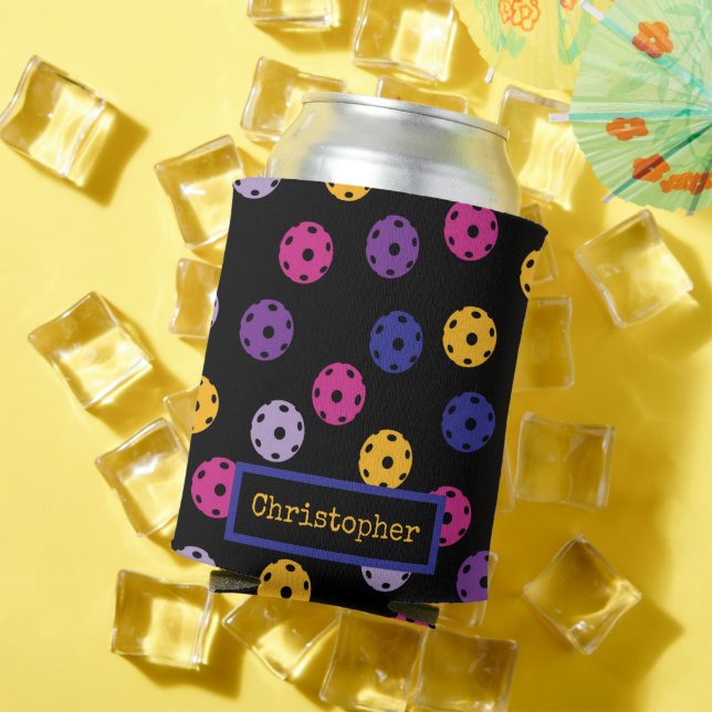 Porta-lata Neon on black pickleball, texto personalizado (Verão in situ)