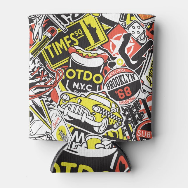 Porta-lata New York Urban: retalhos de adesivos. (Frente)