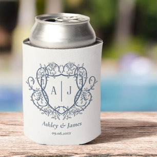 Porta-lata Noiva Rosa Aço Azul Monograma Crista Casamento