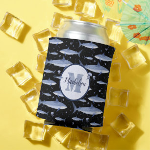 Porta-lata Nome + Aquarela Monograma Tubarão-marisco   Preto