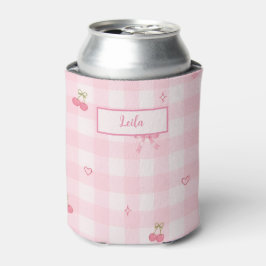 Porta-lata Nome com Design de Laço de Cereja em Xadrez Rosa