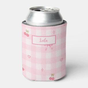 Porta-lata Nome com Design de Laço de Cereja em Xadrez Rosa