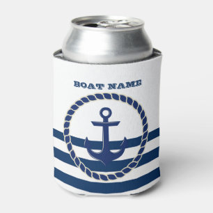 Porta-lata Nome de Barco Náutico, Âncora Listras Azul Marinho
