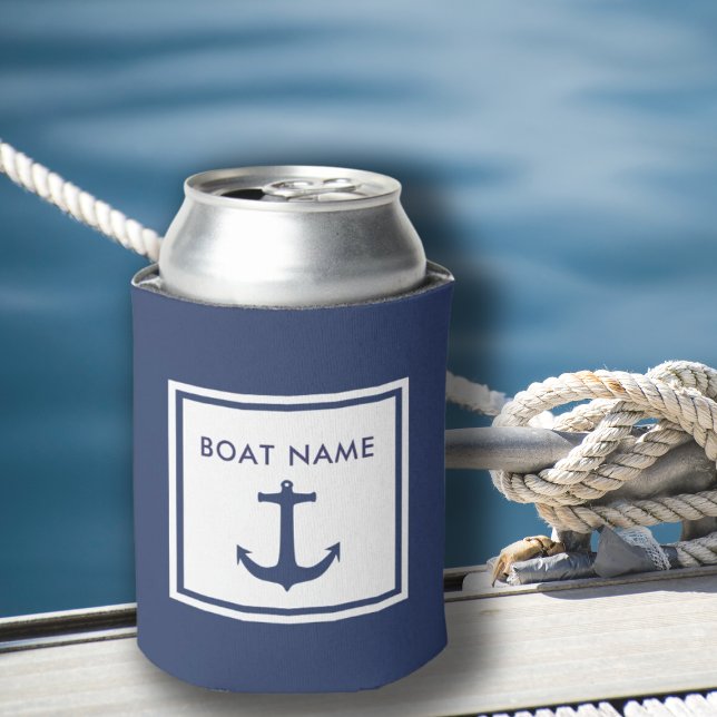 Porta-lata Nome do barco náutico Blue Anchor Capitão (Personalised boat name can cooler for new boat owner gift idea)