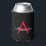 Porta-lata Nome do Monograma da Rapariga do Script Preto Verm<br><div class="desc">Aniversário Elegante de Script Simples Preto e Vermelho ou Festa de solteira pode arrefecer. Esses refrigeradores de Casamento,  Chá de panela ou Festa de aniversário podem ser personalizados para incluir seu primeiro nome. Entre em contato com o designer para obter itens correspondentes personalizados.</div>