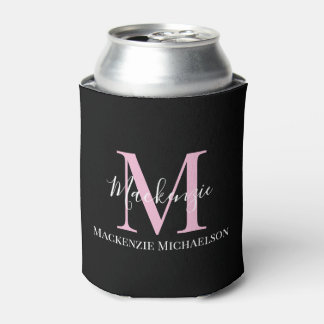 Porta-lata Nome do Monograma Personalizado Cor-de-Rosa Preto