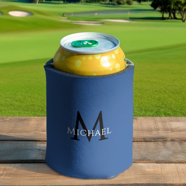 Porta-lata Nome Inicial Elegante Monograma Azul Personalizado (Personalized Blue Monogram Elegant Initial Name Can Cooler)