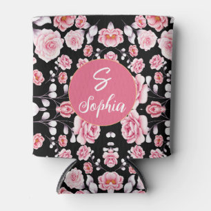 Porta-lata Nome Monogramado Floral em Aquarela Rosa Elegante