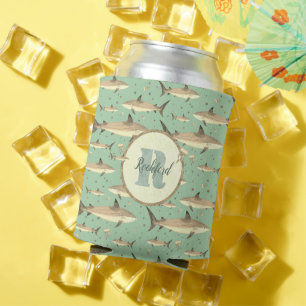 Porta-lata Nome + Padrão de Tubarão Verde Monograma