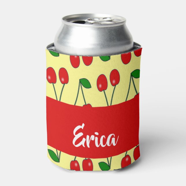 Porta-lata Nome personalizado cerejas vermelhas em amarelo (Can Front)