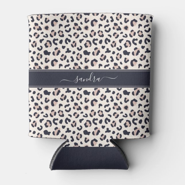 Porta-lata Nome personalizado cor-de-rosa de impressão leopar (Frente)